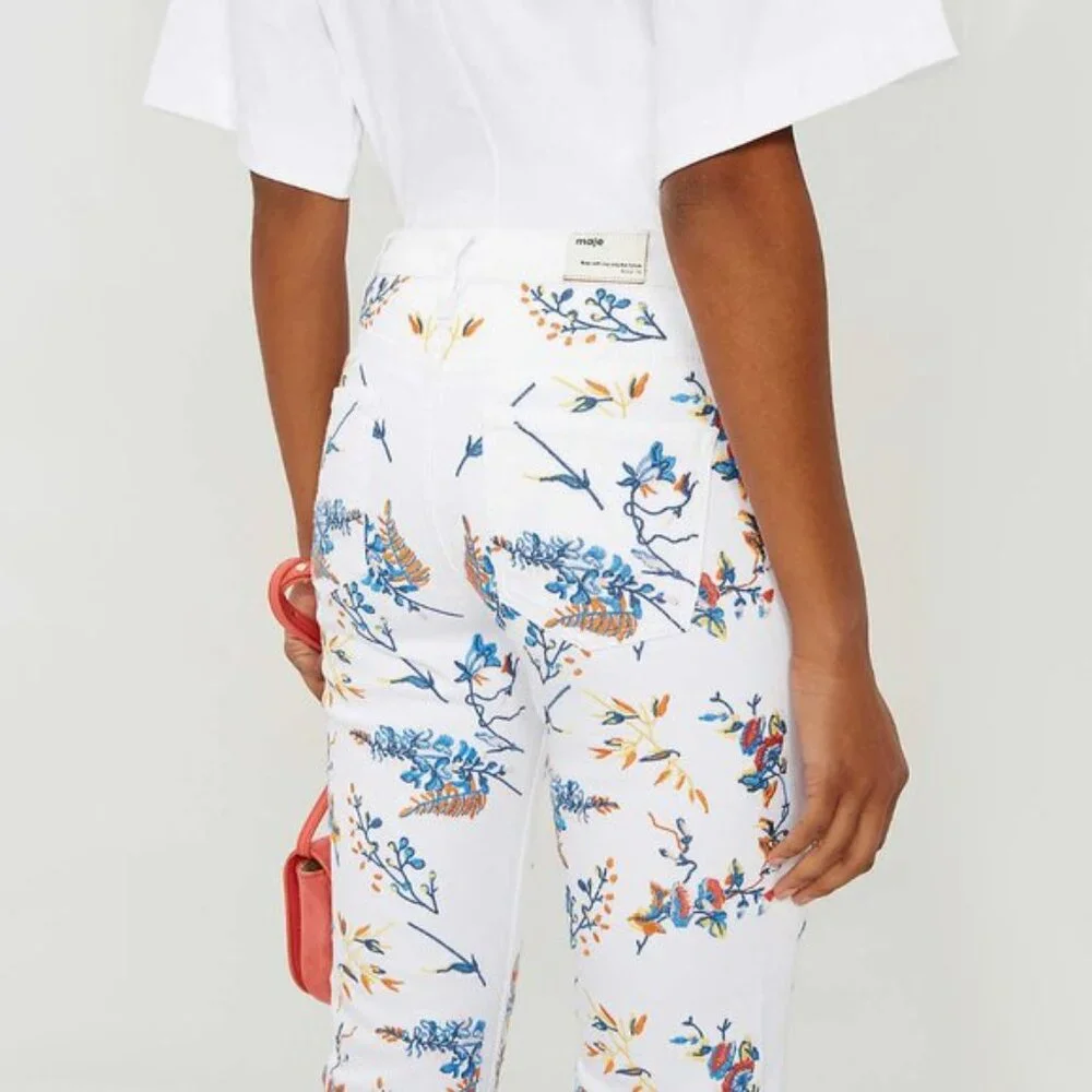 NWT Maje white & floral embroidered mid rise jeans - Picture 7 of 10